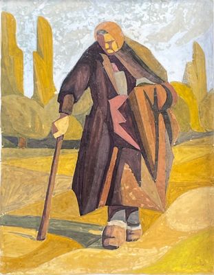 une image représentant un tableau d'un vieil homme avec une canne