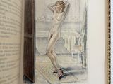 an open book with a drawing of a nude woman standing in front of a mirror