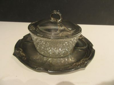 a silver plate with a glass covered dish on it