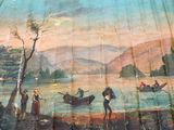 a painting of people on a boat in the water