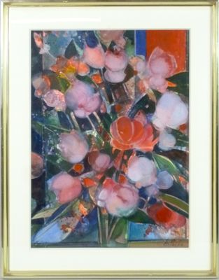 tableau représentant un bouquet de fleurs dans un cadre doré sur fond bleu