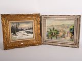 deux tableaux encadrés représentant un village et une rivière, dans un cadre doré