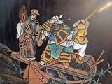 a picture of a painting of people on a boat in the water