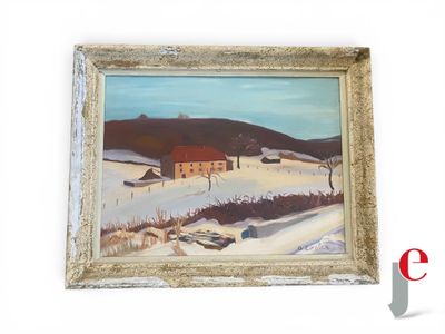 une image représentant un tableau d'une ferme dans un paysage enneigé
