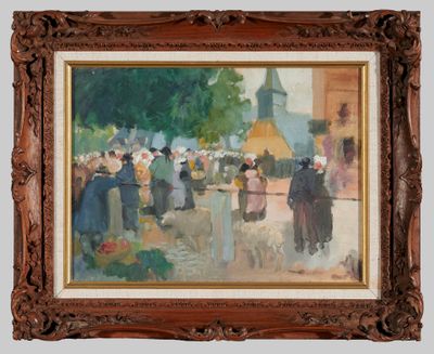 une peinture à l'huile représentant un groupe de personnes marchant dans une rue