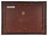 an old suitcase with a label on it sitting on a white surface