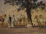 a painting of a group of people standing around horses