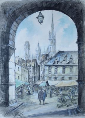 dessin représentant une scène de rue avec des passants et le clocher d'une église en arrière-plan