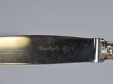 someone is holding a knife in their hand with a silver handle