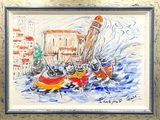 une image d'un tableau représentant un bateau dans l'eau