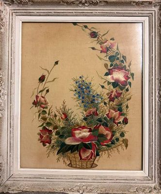 une peinture représentant des fleurs dans un panier sur fond beige