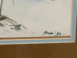 a picture of a painting of a man on skis