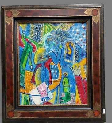 painting of a man and a woman with a guitar in a room