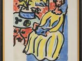 an image of a painting of a woman sitting on a chair in front of a potted plant