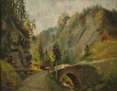 Joseph HUVEY (1844-1919). Paysage au pont