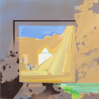 an image of a painting of a desert scene with a boat in the water
