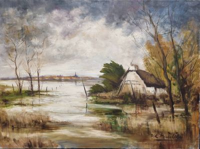 an oil painting of a river with a barn in the background
