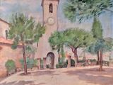 une peinture d'un bâtiment avec une tour d'horloge en arrière-plan