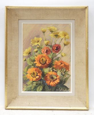 an oil painting of flowers in a vase on a table