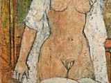 un tableau représentant une femme assise à une table devant une fenêtre