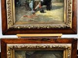 deux tableaux représentant un homme et une femme assis sur un banc