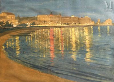 a painting of a city by the water at night