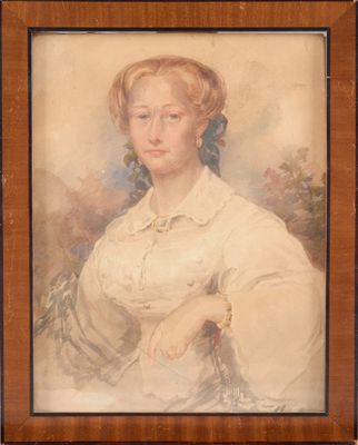 portrait of a woman in a white dress with a brown frame
