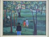 an oil painting of a man and a woman walking in a park