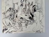 a black and white drawing of a group of people in a forest