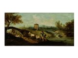 an image of a painting of a man and a dog by a river