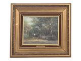 a painting of a house in a wooded area with trees in the background