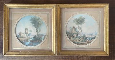 deux tableaux encadrés représentant un paysage avec un homme et une femme
