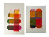 two pieces of art with different colors and shapes on them