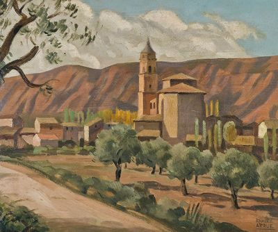 tableau représentant un village avec une église et des oliviers au premier plan