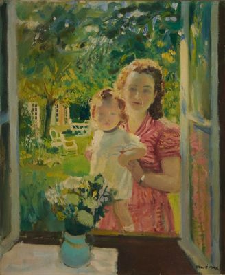 tableau représentant une femme tenant un enfant dans ses bras et regardant par la fenêtre