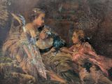 a painting of a woman and two children sitting on a couch