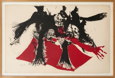 l'image d'une peinture noire et rouge sur un mur blanc