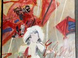 painting of a woman holding a red umbrella and a man with a red umbrella