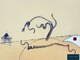 a drawing of a bird and a birdhouse on a hill