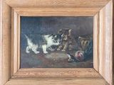 a painting of a dog and a cat playing with a ball