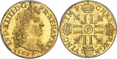 Pièce souveraine en or avec une croix au recto et une couronne au verso.