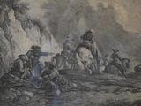 a drawing of a man on a horse with a group of people
