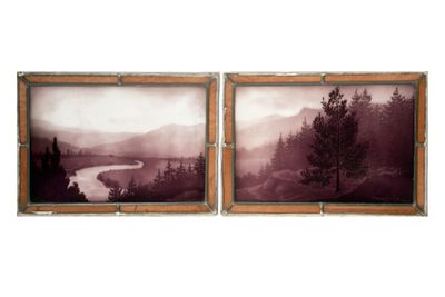 two black and white pictures of a river and trees in a wooden frame