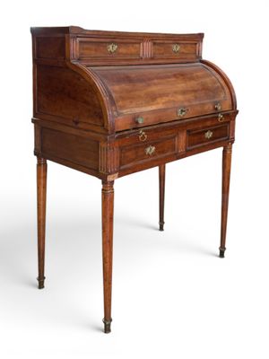 an old wooden desk with drawers and a drawer underneath it