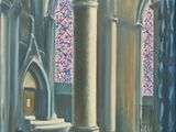 an oil painting of a church with columns and stained glass windows