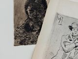a drawing of a woman sitting on a chair next to a drawing of a man