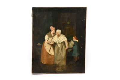 un vieux tableau représentant une femme et deux enfants dans une cuisine