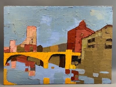 peinture d'un pont sur une rivière avec des bâtiments en arrière-plan