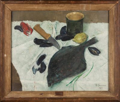 une photo d'un tableau représentant un couteau et d'autres objets