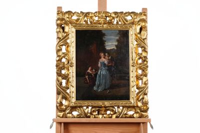 a picture of a painting on a easel on a white background
